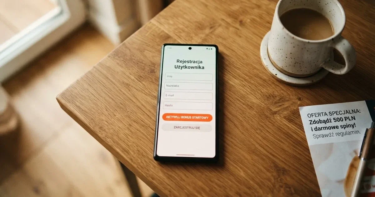Smartfon z formularzem zakładania konta gracza i zakładką aktywacji środków bonusowych w sekcji konta
