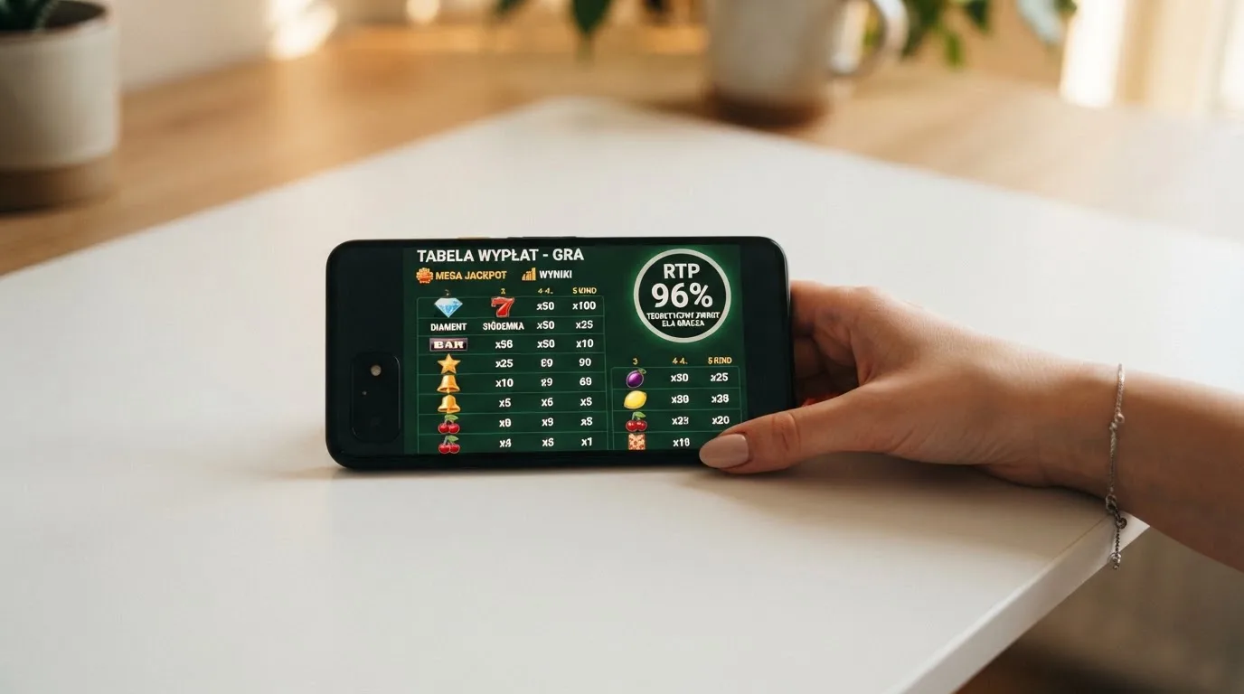 ekran automatu online z otwartą tabelą wypłat pokazującą wartość procentową RTP