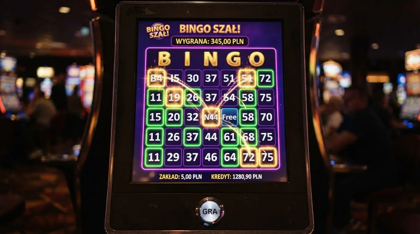 Ekran automatu do gry z kolorową planszą w stylu bingo i podświetlonymi liczbami