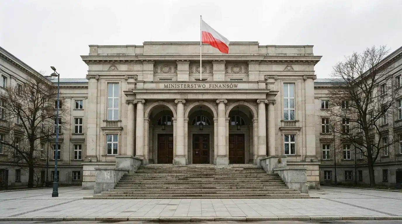 Fasada budynku instytucji państwowej z flagą Polski, symbol nadzoru regulatora nad rynkiem gier hazardowych