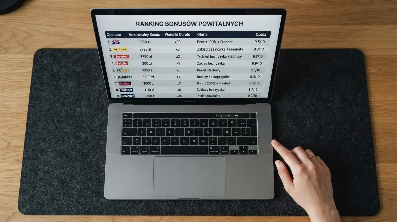 Widok z góry na laptop z otwartą tabelą porównawczą ofert powitalnych kilku serwisów kasynowych