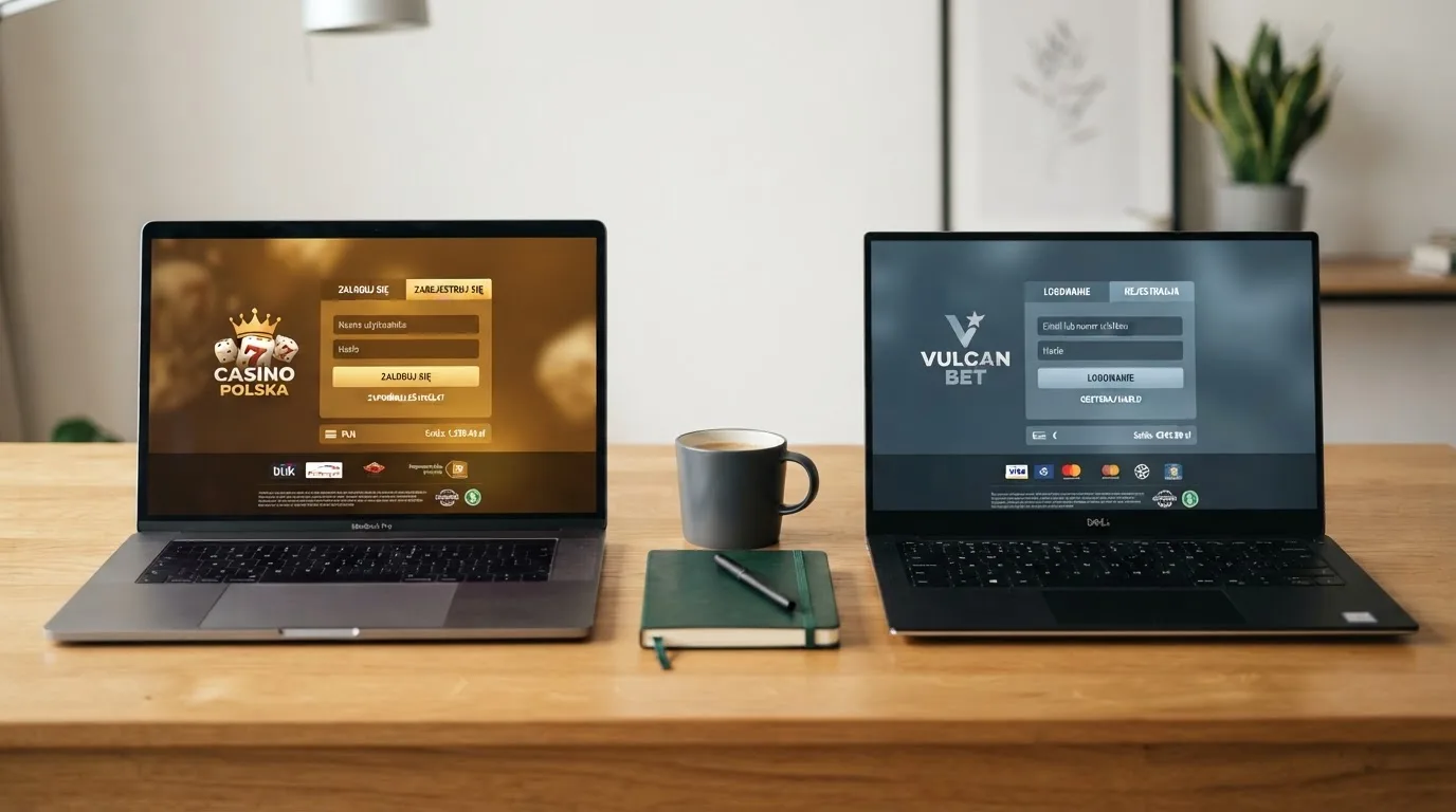 Dwa ekrany logowania kasyna online obok siebie na biurku, jeden z polskim interfejsem złotówkowym, symbolizujące porównanie dwóch różnych serwisów