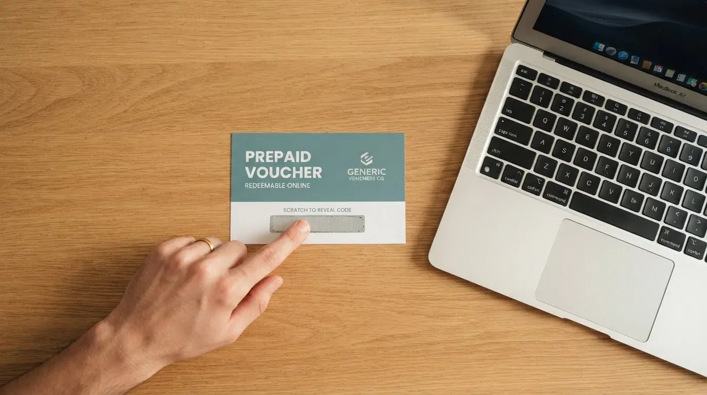 Karta przedpłacona Paysafecard z zasłoniętym polem kodu PIN obok klawiatury laptopa