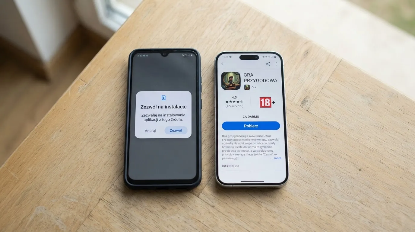 Dwa telefony obok siebie: na jednym komunikat zgody na instalację pliku APK z nieznanego źródła, na drugim strona aplikacji w sklepie z przyciskiem pobierania