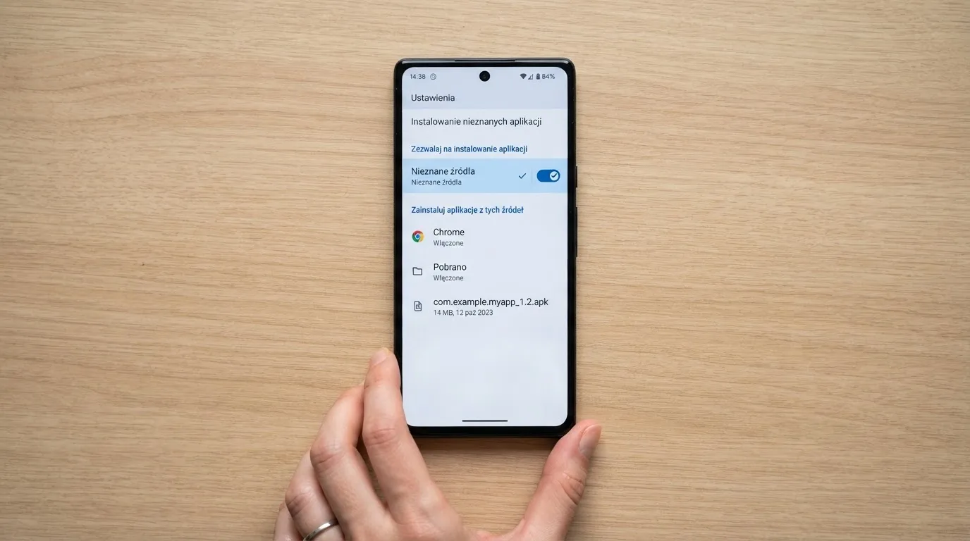 Ekran ustawień Androida z przełącznikiem zgody na instalację aplikacji z nieznanego źródła i pobranym plikiem instalacyjnym na liście