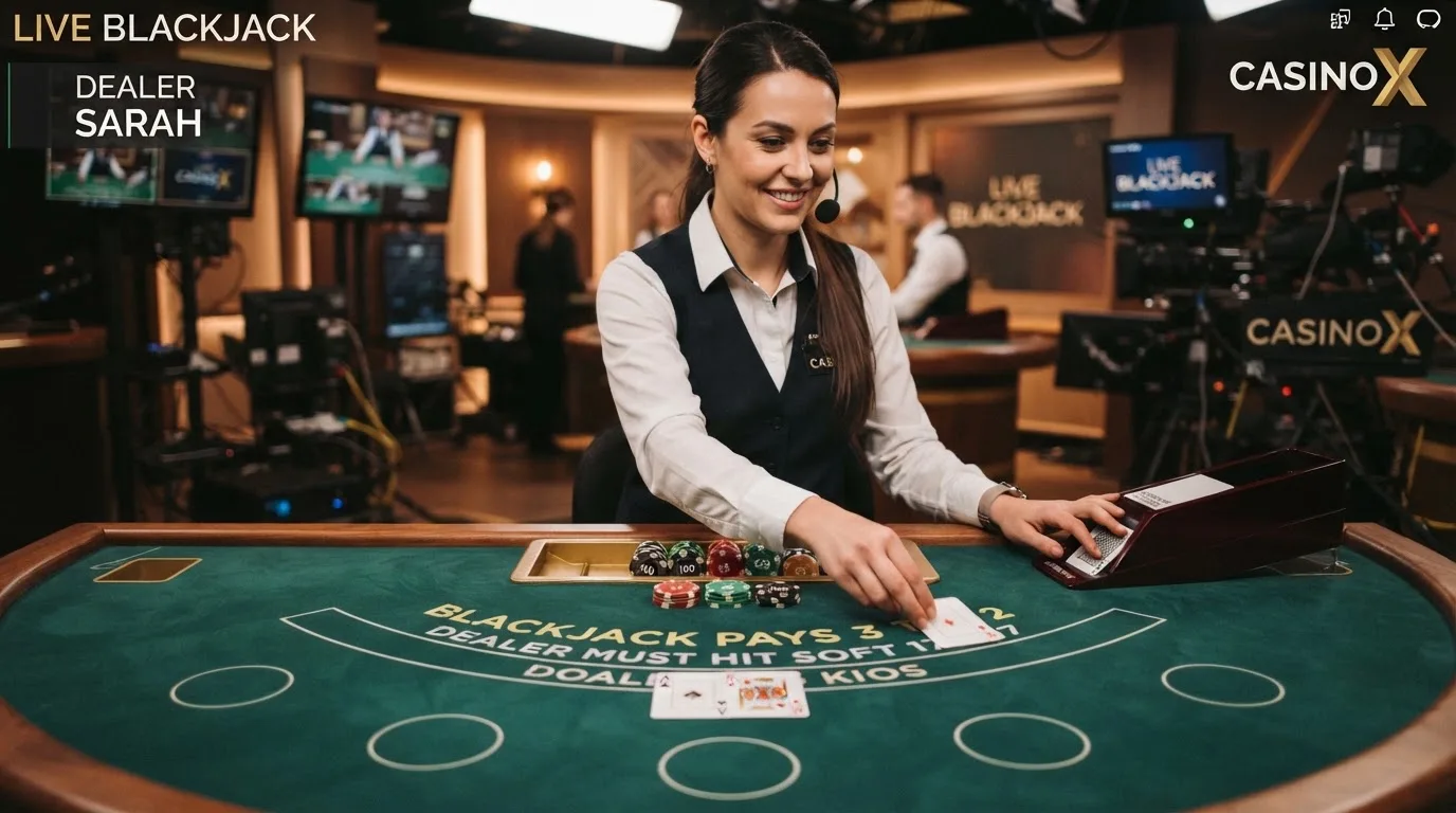 Krupier rozdający karty przy stole blackjacka podczas transmisji na żywo