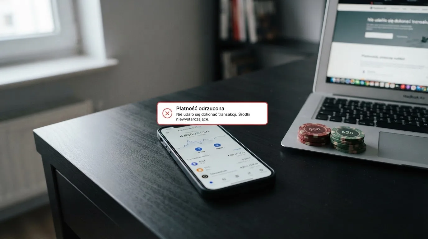 Smartfon z otwartym portfelem kryptowalut i komunikatem o odrzuconej płatności leżący obok laptopa