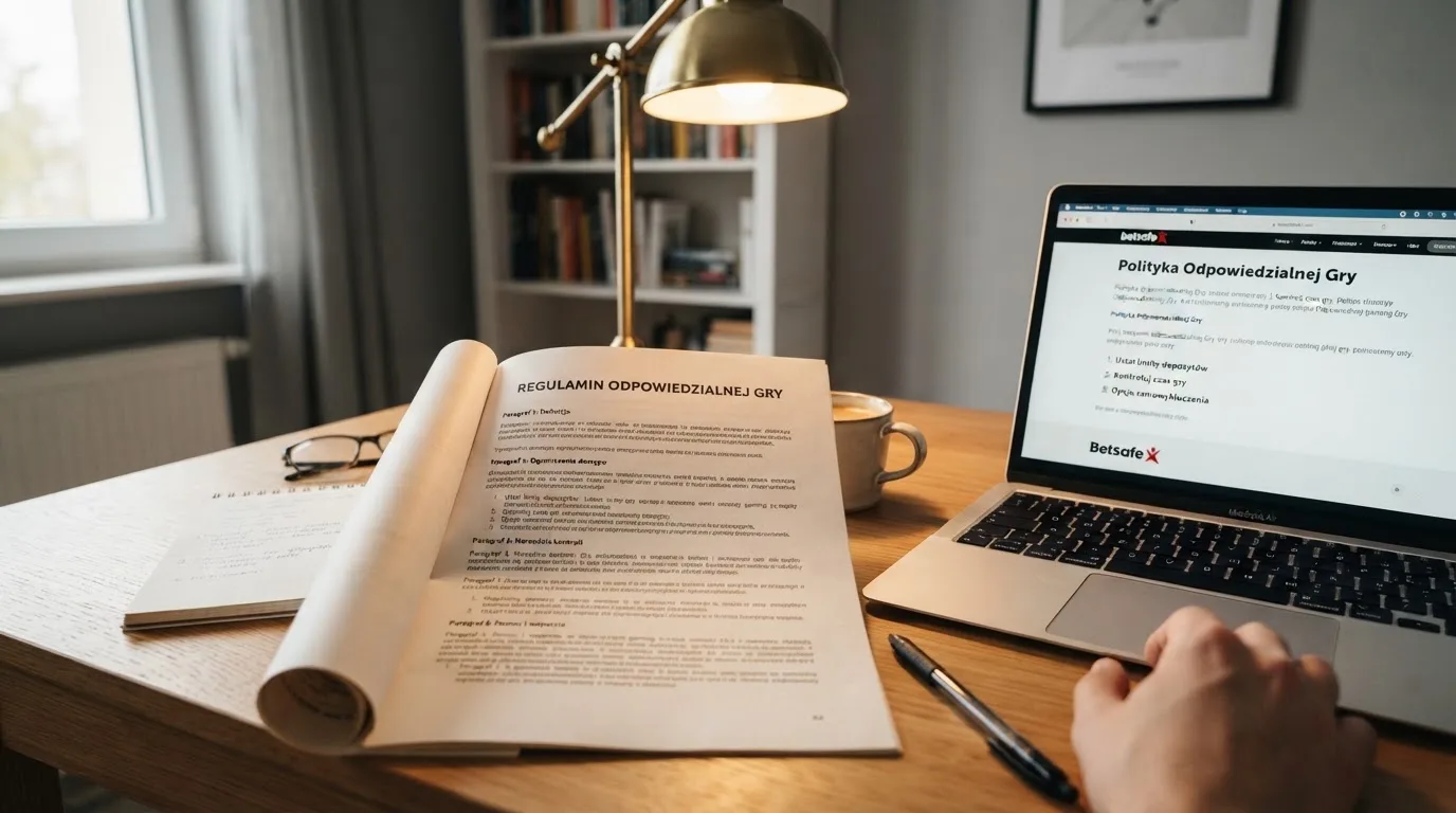 Dokument regulaminu operatora kasyna online rozłożony obok laptopa z otwartą stroną warunków gry