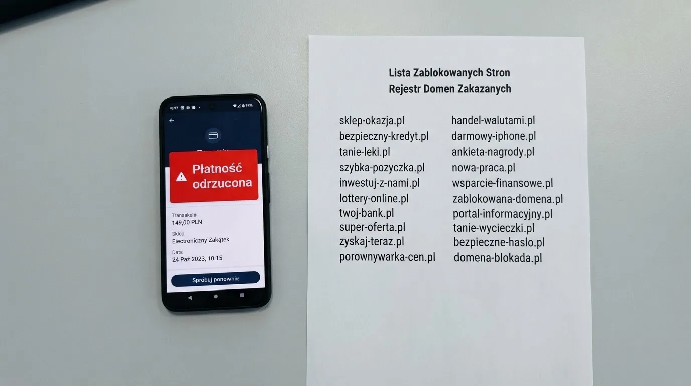 Telefon z komunikatem o odrzuconej płatności na ekranie, obok wydruk tabeli z listą zablokowanych adresów stron
