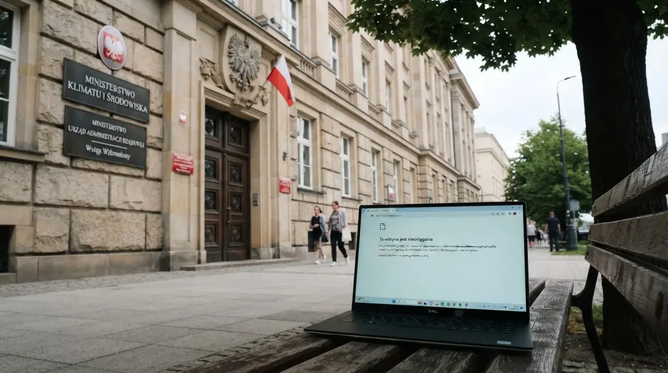 Budynek urzędu z tablicą ministerstwa, na pierwszym planie laptop z komunikatem o zablokowanej stronie kasyna