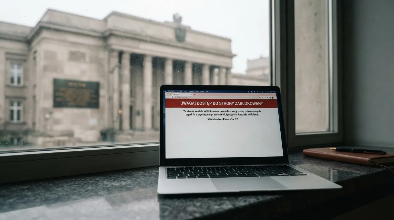 Laptop z komunikatem o zablokowanej stronie hazardowej, w tle budynek urzędu z tablicą ministerstwa