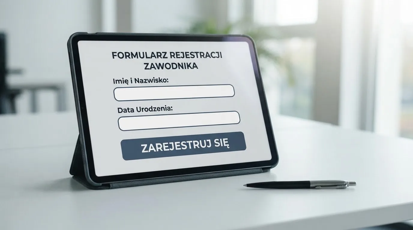 Formularz rejestracji konta gracza z polami na PESEL i numer dokumentu tożsamości na ekranie tabletu