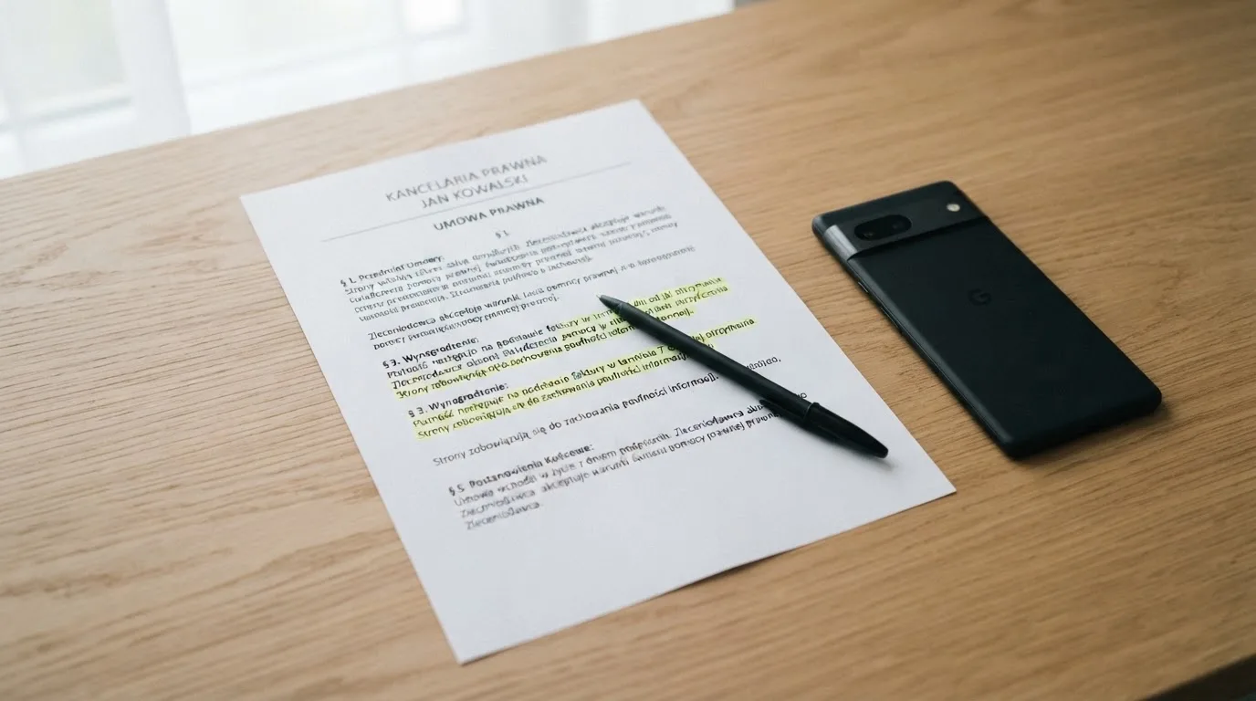 Wydruk ustawy o grach hazardowych z zakreślonymi artykułami leżący na biurku obok wyłączonego smartfona