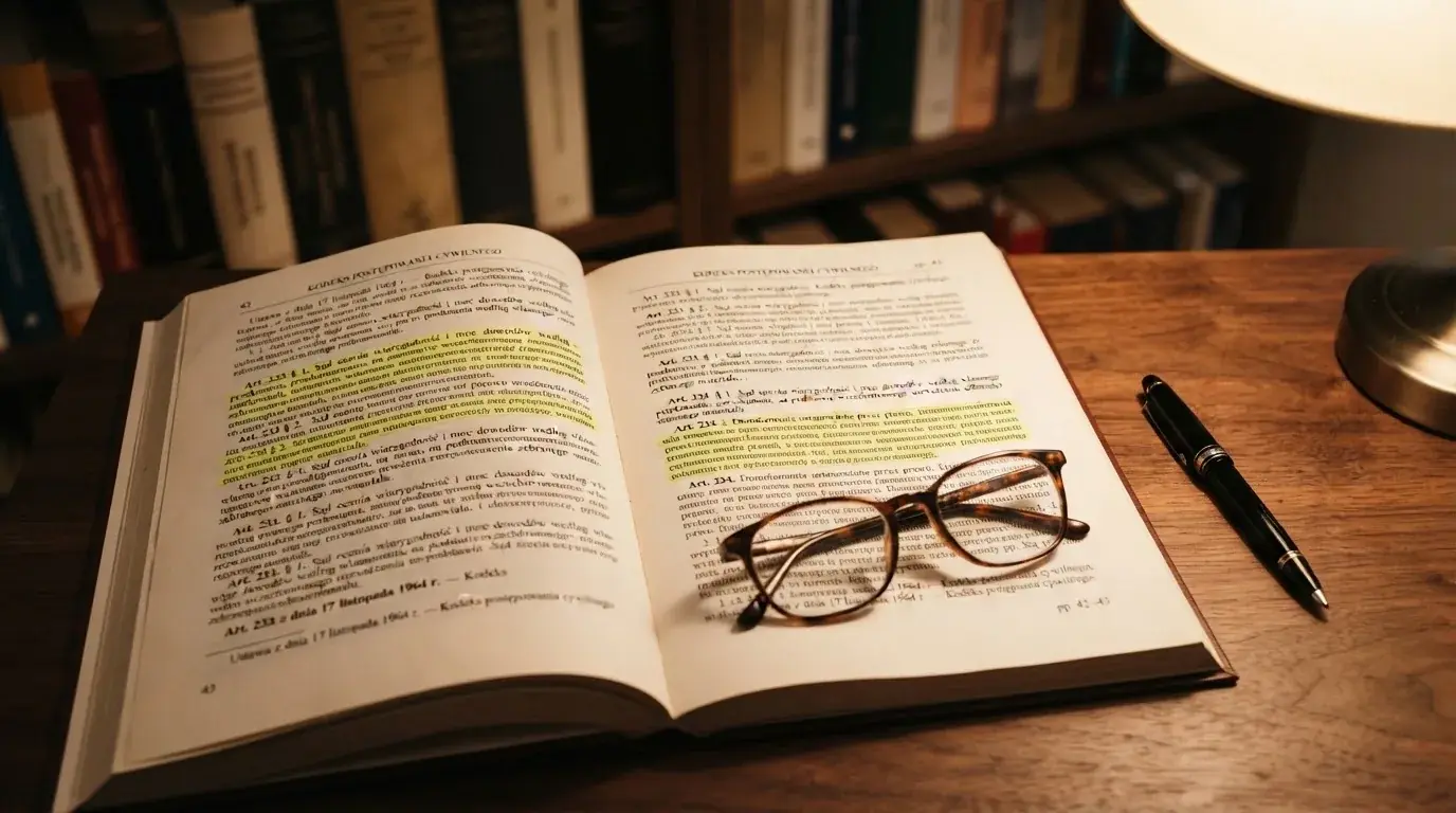 Wydruk ustawy o grach hazardowych z zakreślonymi artykułami, obok okulary i długopis na biurku