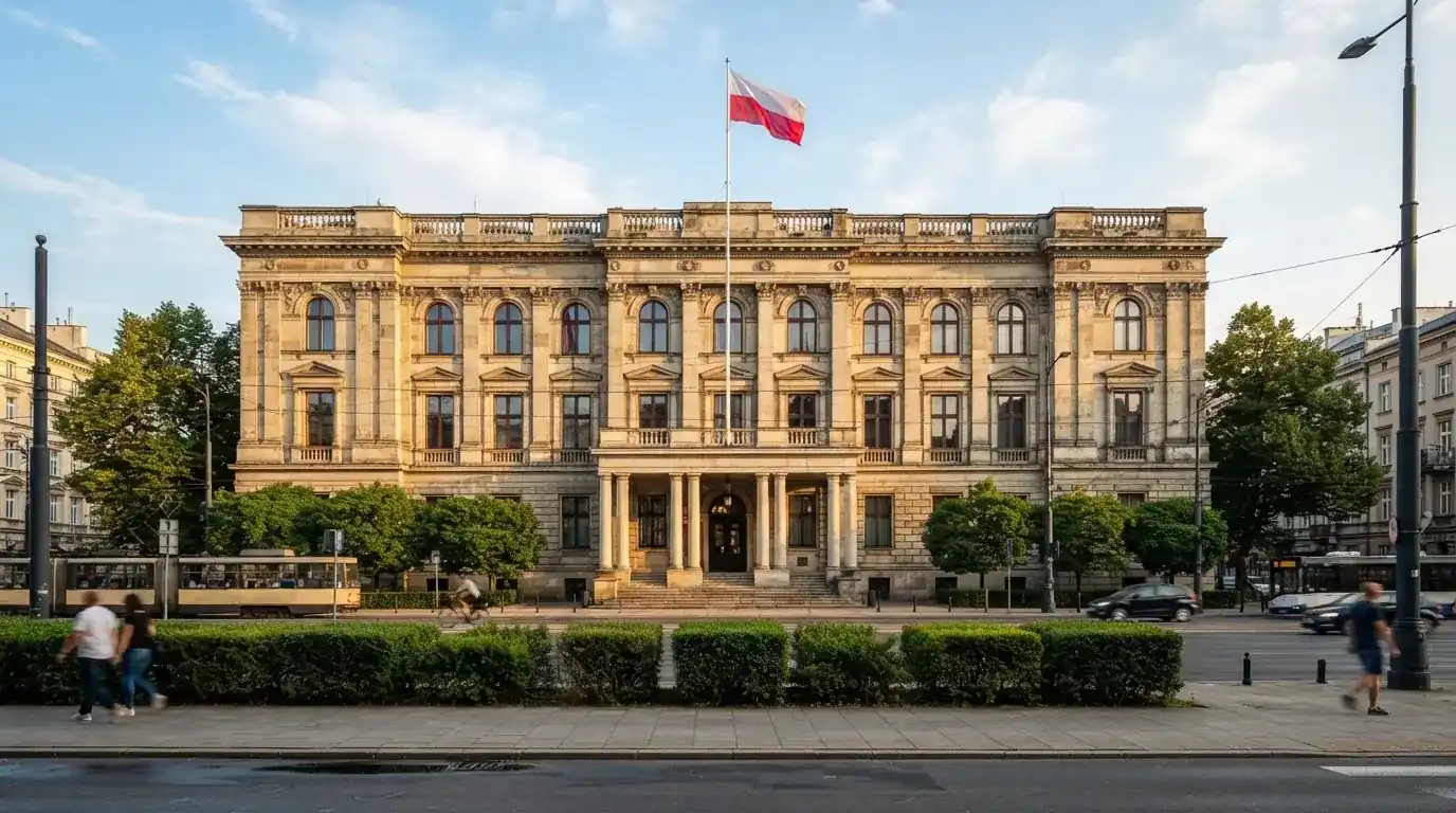 Budynek urzędu administracji państwowej z flagą Polski na maszcie w tle