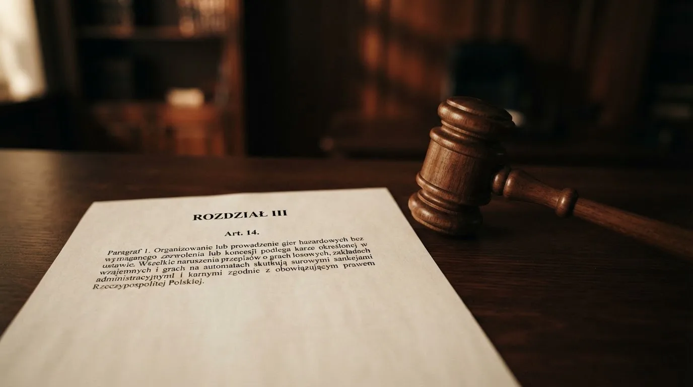 zbliżenie na wydrukowany paragraf ustawy o grach hazardowych leżący obok młotka sędziowskiego