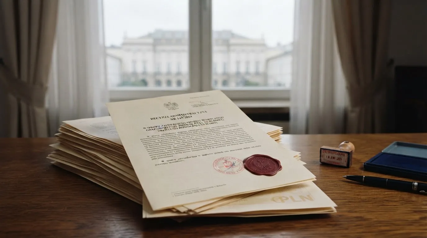 Stos dokumentów urzędowych i pieczęć na biurku, w tle sylwetka budynku administracji publicznej