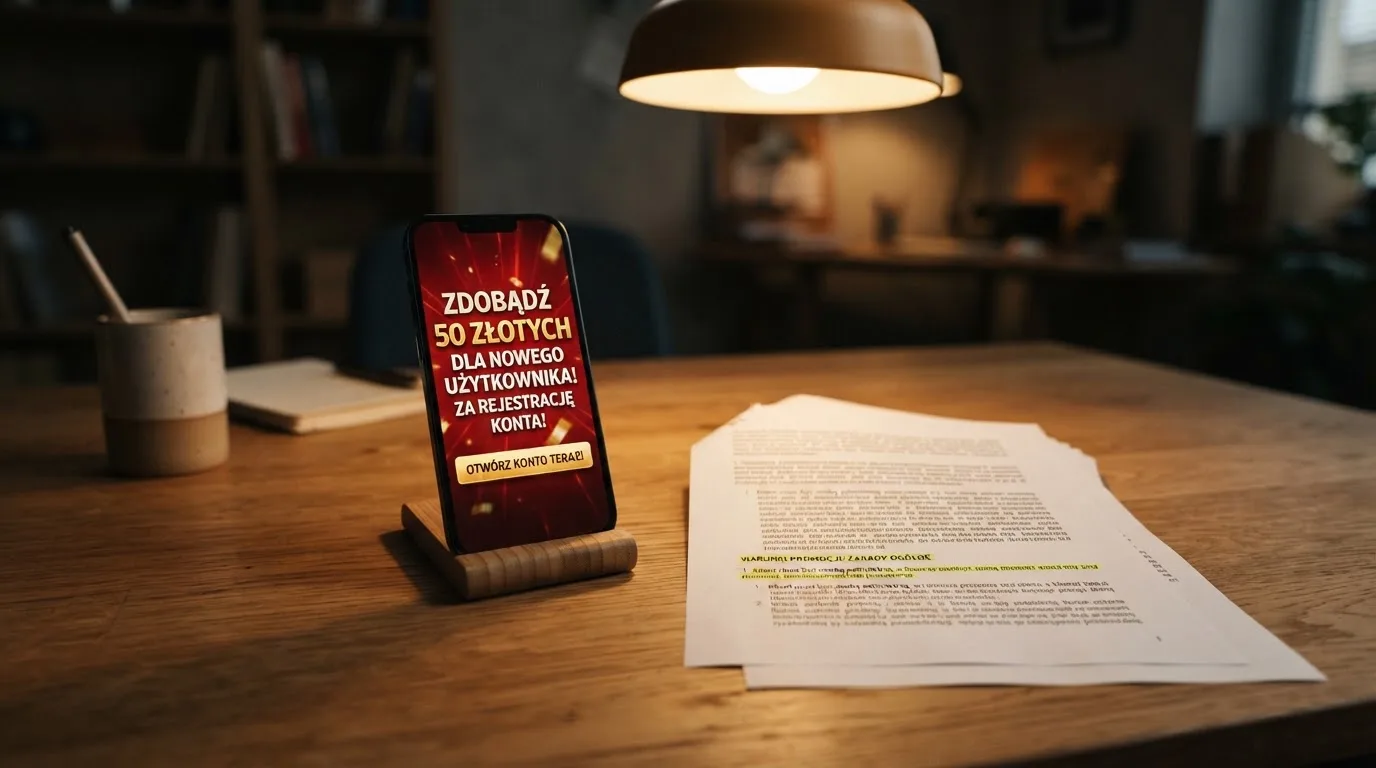 Telefon z banerem obiecującym darmowe złotówki za założenie konta, obok wydrukowany tekst ustawy o grach hazardowych z zaznaczonym artykułem