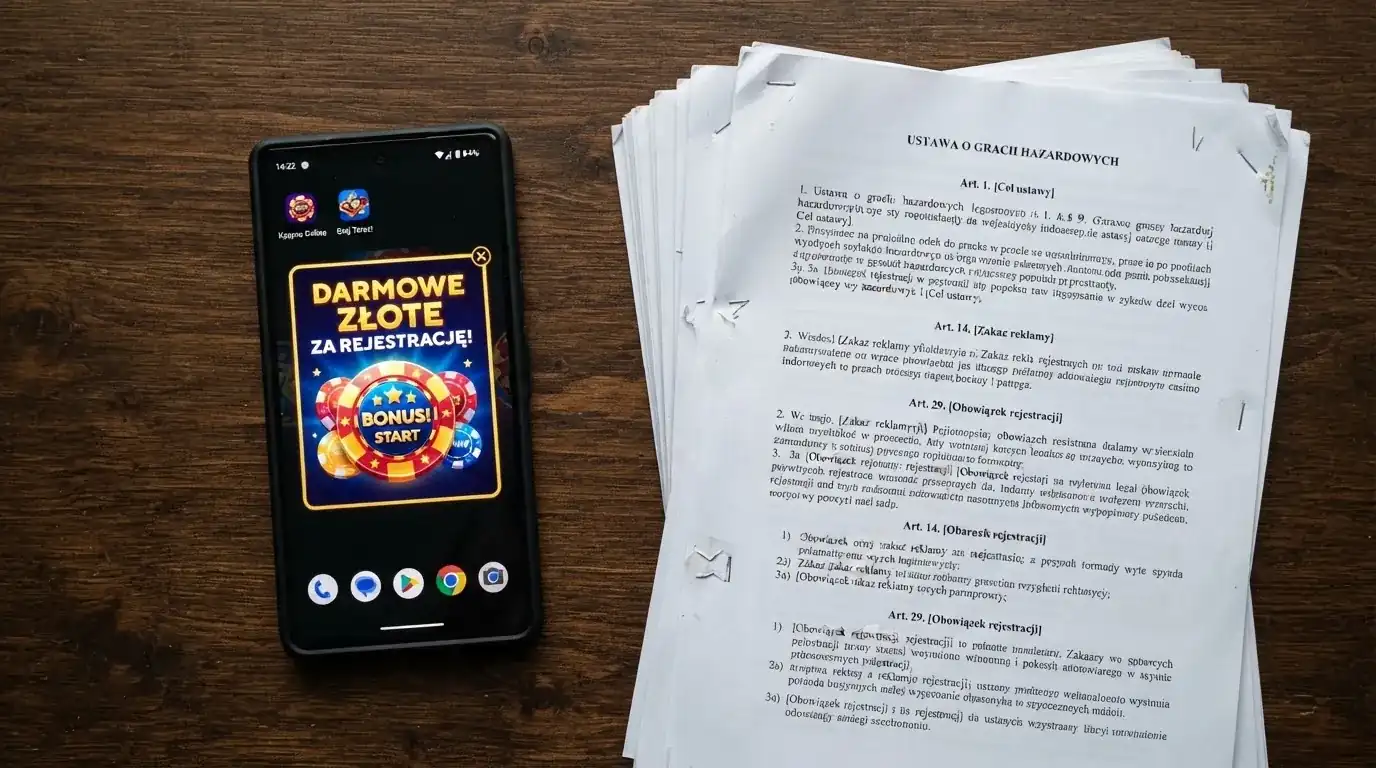 Telefon z wyskakującym banerem obiecującym darmowe złotówki za rejestrację, obok wydruk ustawy o grach hazardowych