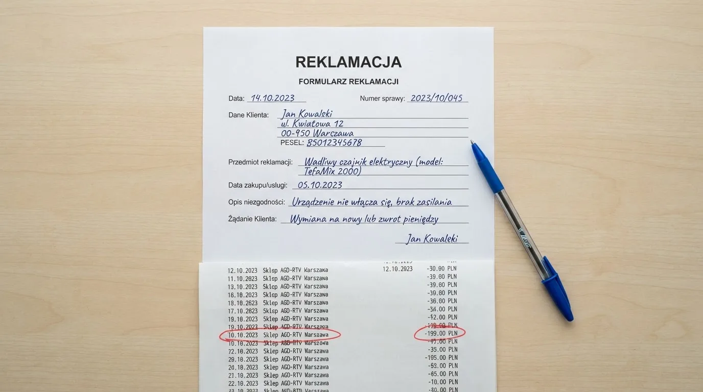 Wydrukowany formularz reklamacji leżący na biurku obok długopisu i wyciągu bankowego z zakreśloną pozycją