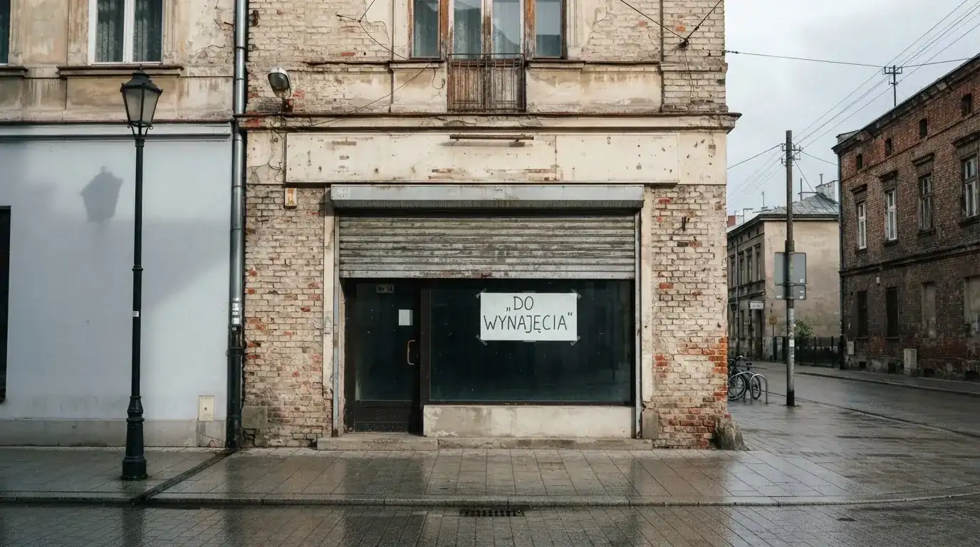Pusty, zamknięty lokal handlowy z tabliczką „do wynajęcia”, symbolizujący brak działających salonów gry bingo pieniężne