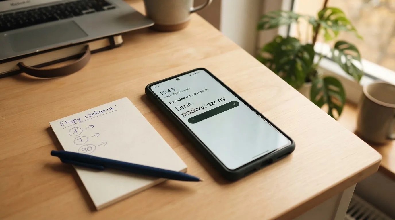Ekran telefonu z komunikatem o podniesieniu limitu wydatków, obok kartka z odliczaniem dni.