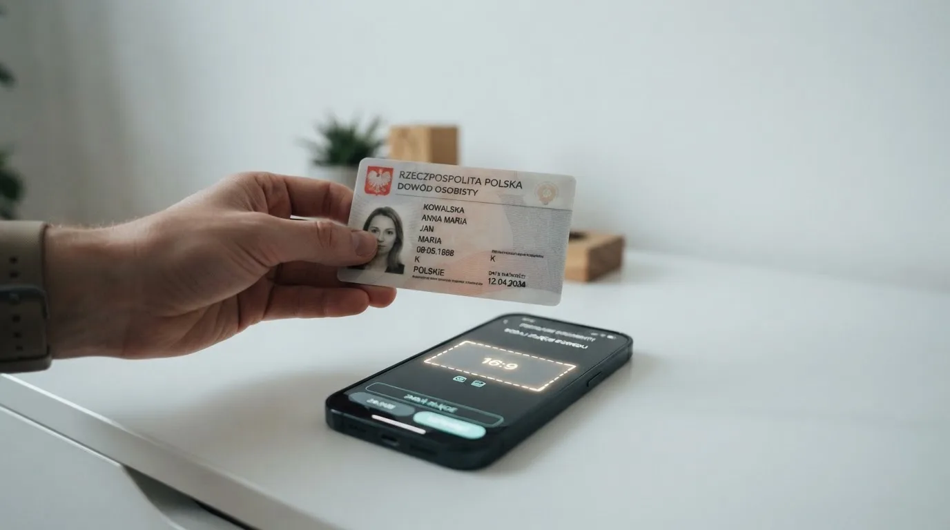 Dłoń trzymająca dowód osobisty nad smartfonem z otwartym formularzem przesyłania zdjęcia dokumentu