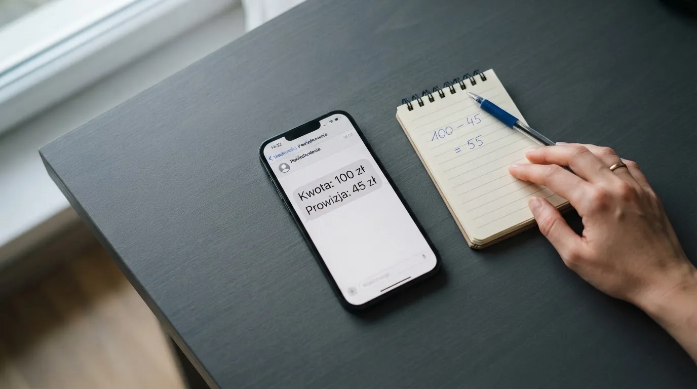 Ekran telefonu z wiadomością SMS obok kalkulatora liczącego opłaty
